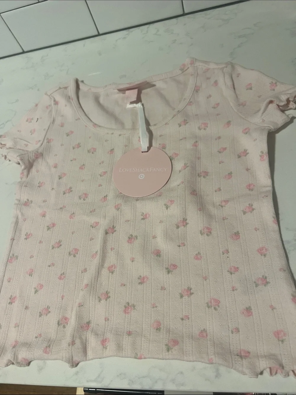 LoveShackFancy Pink Floral Ribbed Short Sleeve Tee for Kids